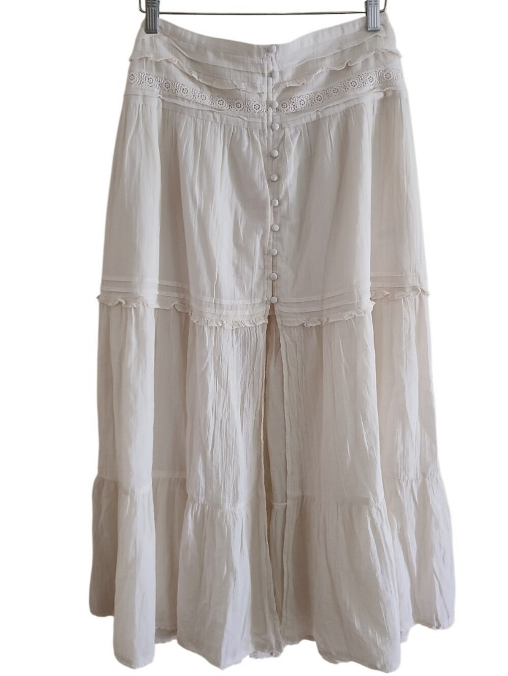 NWT Aerie Boho Button Maxi Skirt Cream Tiered Ruffle Semi Sheer Western - Picture 3 of 16